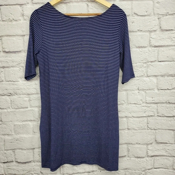 BB Dakota Navy White/Cream Micro Striped Tunic Dress w/pockets Sz S - Picture 6 of 11
